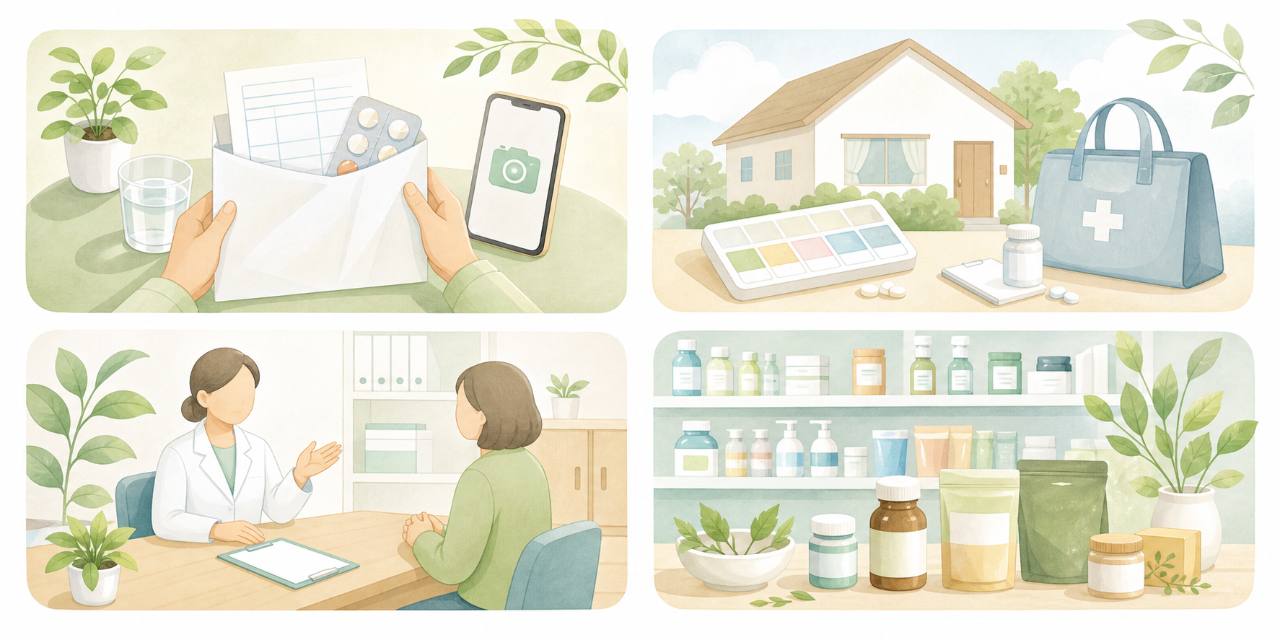 処方箋受付、在宅医療、薬剤師相談、OTCと健康食品を表すやさしいイラスト