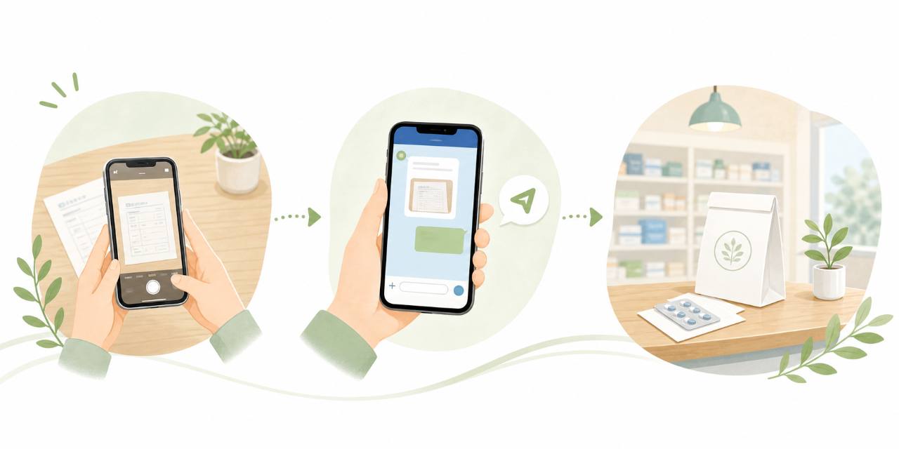 処方箋を撮影し、スマホで送信して、薬局で受け取る流れのイラスト